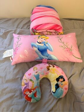 Kids Pink Disney Princess Travel Pillow, Cushion, & Roll Up Sleeping Blanket Set